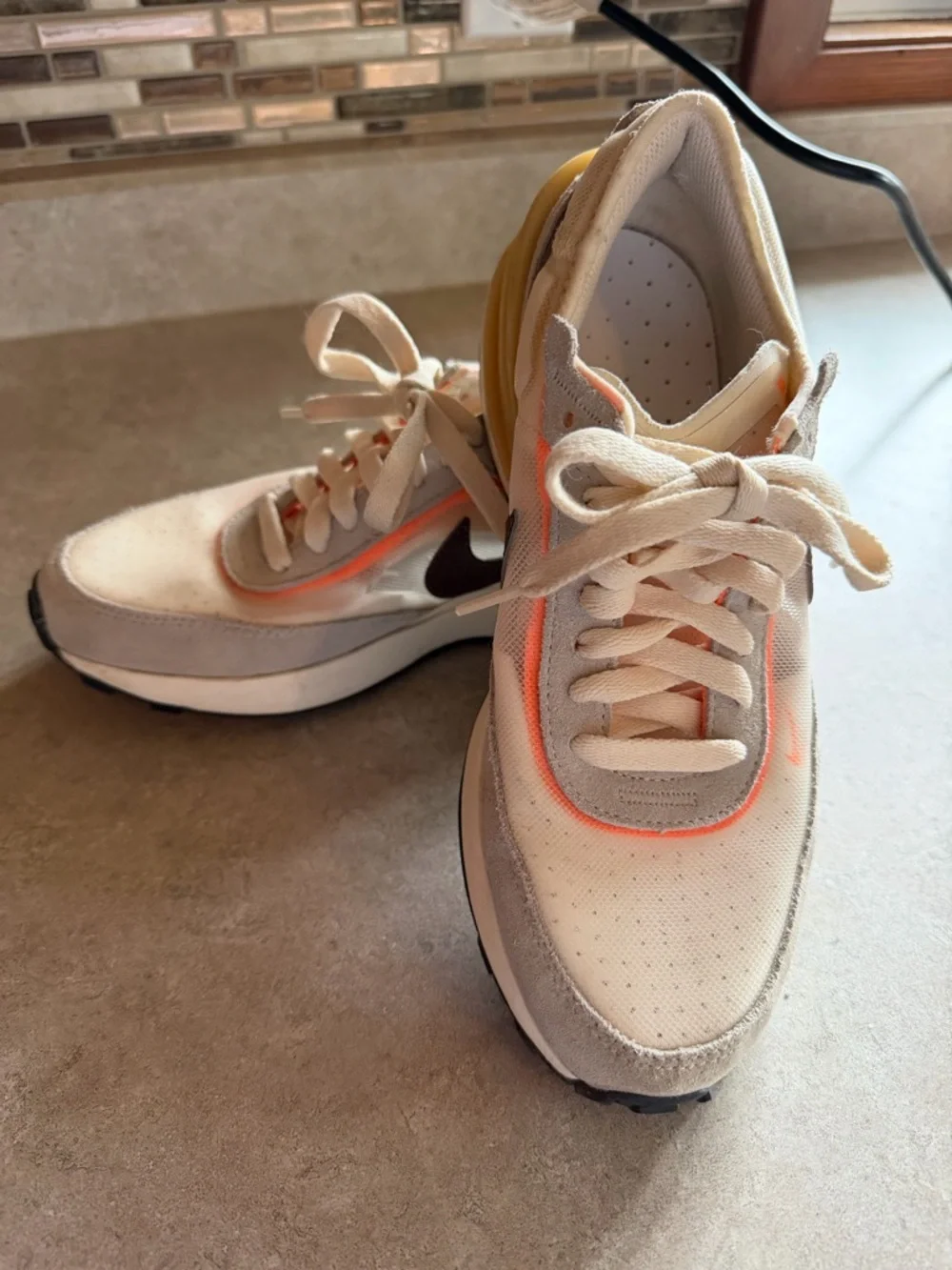 Nike Women's Cream and Brown Retro Waffle One GS Sneakers with Orange Accent - Picture 2 of 5